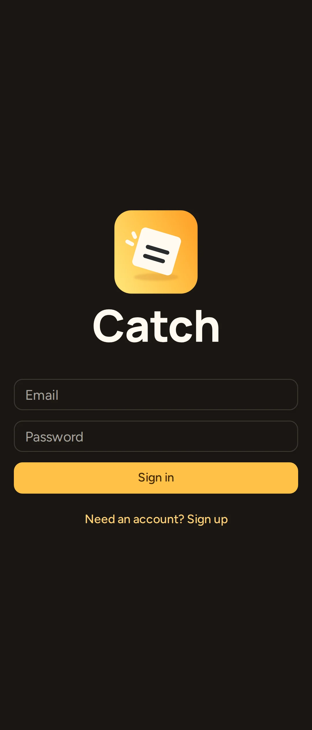 Catch’s sign-in form on a phone with Email, Password, Sign in and the sign-up link