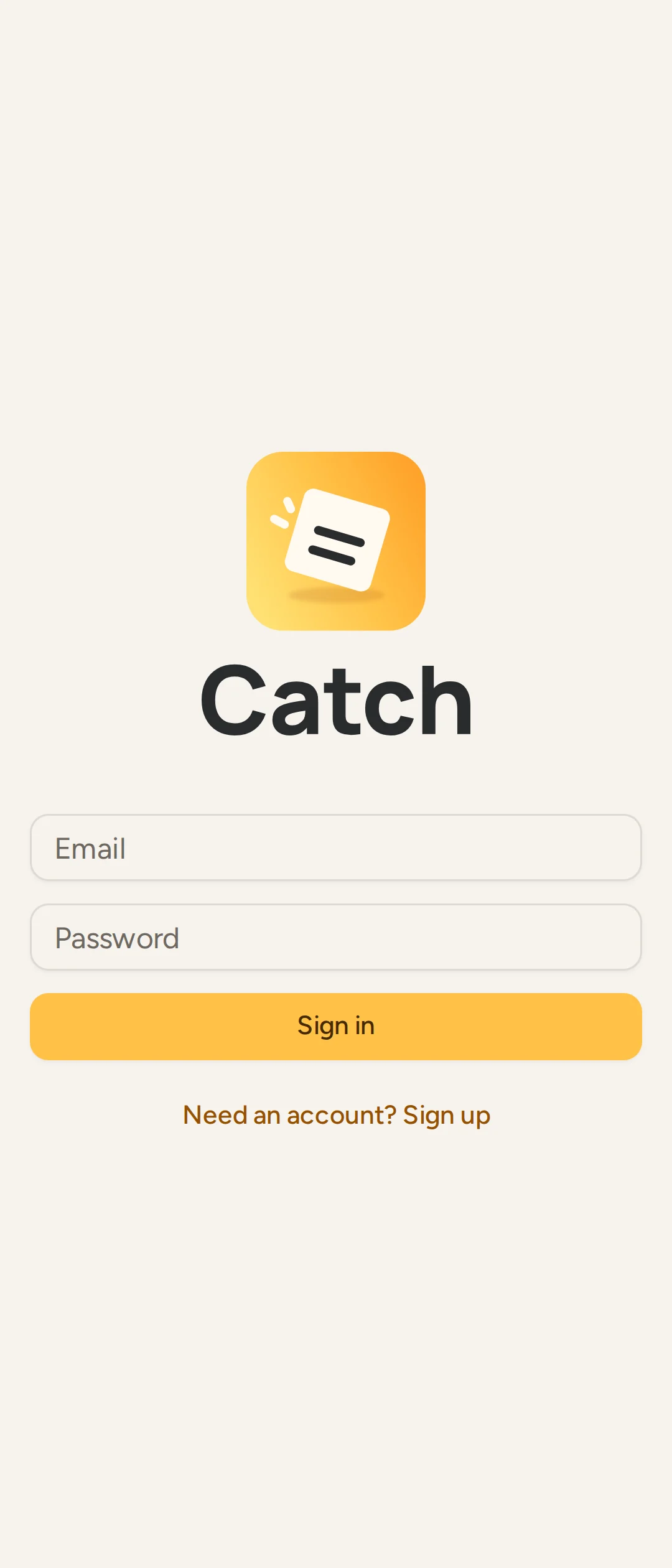 Catch’s sign-in form on a phone with Email, Password, Sign in and the sign-up link
