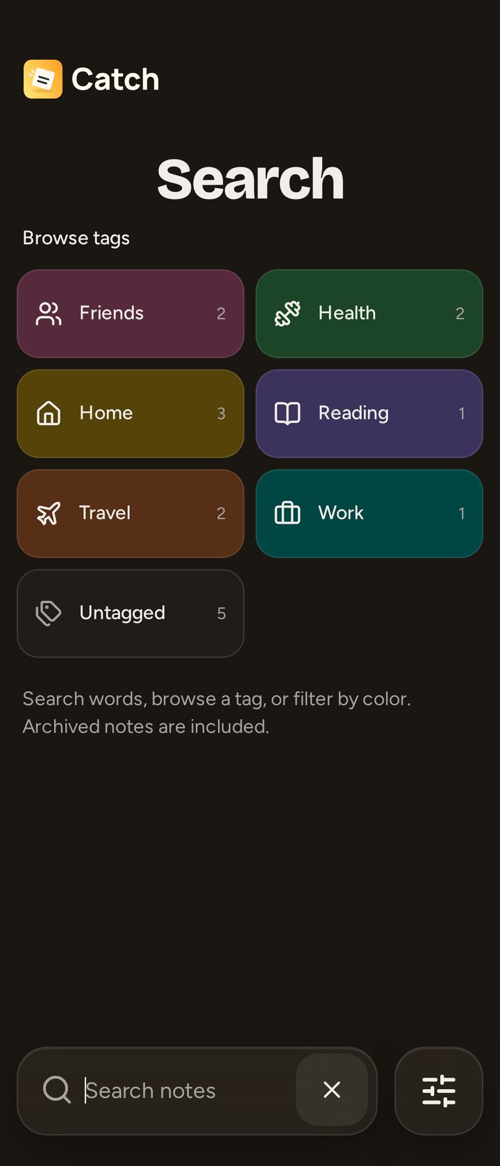 Open Filter notes, choose Tags, and select Travel and Home to change the results.