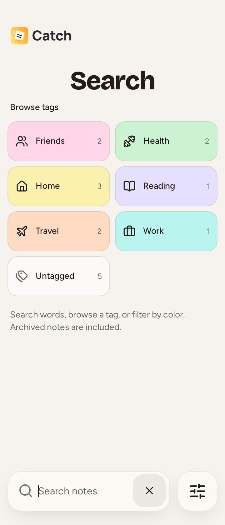 Open Filter notes, choose Tags, and select Travel and Home to change the results.